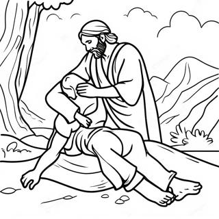 Den gode samariten bär den sårade resenären Färgläggningssida | Den gode samariten målarbild