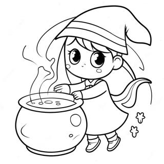 Söt Anime Häxa med Kittel Färgläggningssida | Anime Halloween målarbild