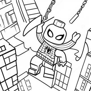 Lego Spiderman svingar genom staden färgläggningssida | Spiderman Lego målarbild