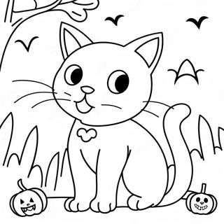 Spooky svart katt Halloween färgläggningssida | Halloween Katt målarbild