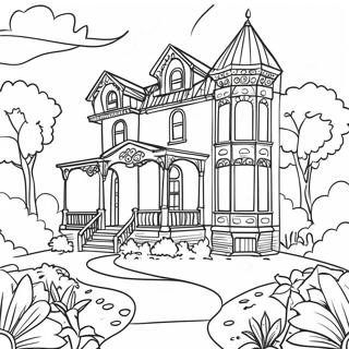Charmigt victorianskt hus med trädgård färgläggningssida | Victorianskt Hus målarbild