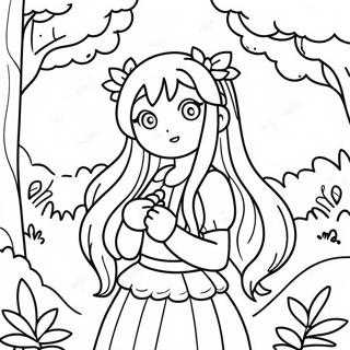 Söt Långhårig Anime Flicka i en Fantasiskog Målarbild | Långhårig Anime Flicka målarbild