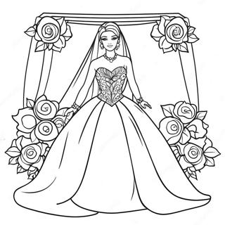 Elegant Bröllopsbarbie med Blommor Målarbild | Bröllops Barbie målarbild