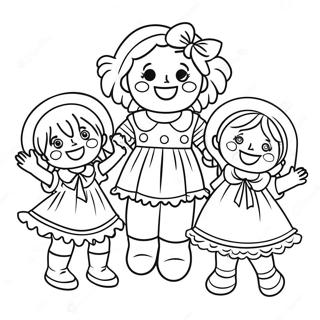 Glad Raggedy Ann med vänner färgläggningssida | Raggedy Ann målarbild