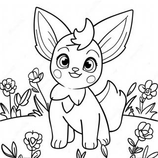 Söt Leafeon i en blomsteräng färgläggningssida | Blad-eon målarbild
