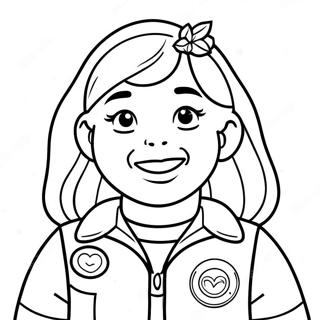 Glad Girl Scout med märken färgläggningssida | Flickscoutlag målarbild
