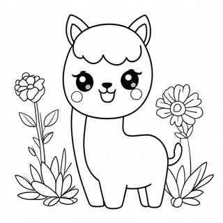Söt alpacka med blommor färgläggningssida | Alpacka målarbild