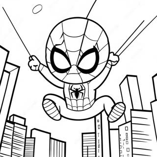 Chibi Spiderman Svingar Genom Staden Målning | Chibi Spiderman målarbild