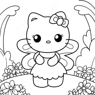 Söt Hello Kitty Fe i en Blomsterträdgård Färgläggningssida | Hello Kitty Fe målarbild