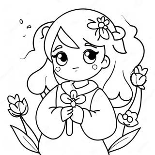 Söt animeflicka med blommor färgläggningssida | Anime Skönhet målarbild