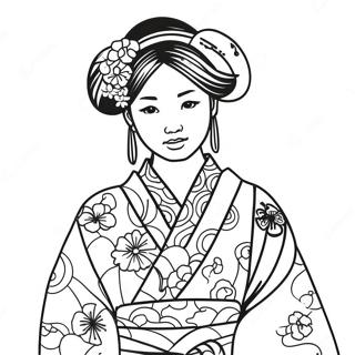 Japansk Flicka i Traditionell Kimono Färgläggningssida | Japansk Flicka målarbild
