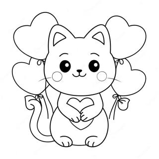 Söt Valentins Katt med Hjärtbaloonger Färgläggningssida | Valentins Katt målarbild