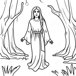 La Llorona i en Mörk Skog Färgläggningssida | La Llorona målarbild