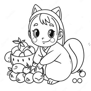 Tohru Honda med Frukter Färgläggningssida | Fruktkorg Anime målarbild