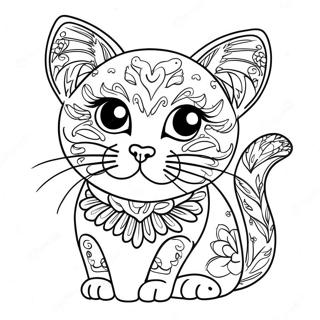 Socker Skalle Katt Färgläggningssida | Sockerkranium Katt målarbild