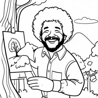 Glad Bob Ross Målar ett Lyckligt Träd Färgläggningssida | Bob Ross målarbild