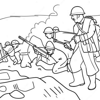 Skyttegravskrig WW1 slagfältsscen färgläggningssida | Gravstridskrig WW1 målarbild