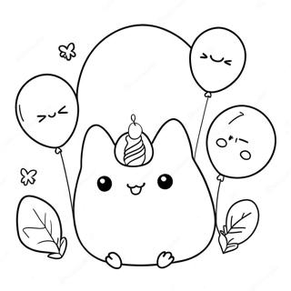 Söt Födelsedags Pusheen med Ballonger Målarbild | Födelsedags Pusheen målarbild