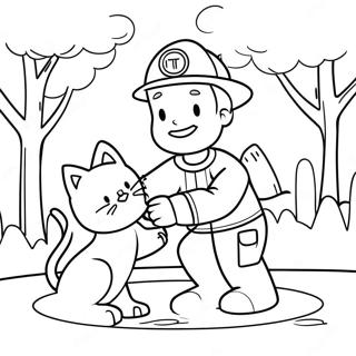 Vänlig Brandman Räddar en Katt Målarbild | Samhällshjälpare målarbild