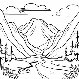 Scenisk Bergslandskap Gråskala Färgläggningssida | Landskap Gråskala målarbild