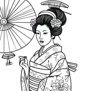Elegant Geisha i Kimono Målarbok | Geisha målarbild