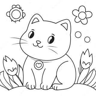 Söt Katt med Färgglada Blommor Färgläggningssida | Katt med blommor målarbild
