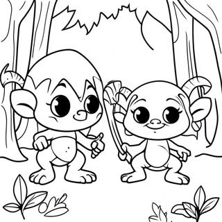 Fantasifulla goblins i en skog målarbok | Goblincore målarbild