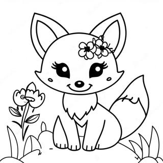 Söt kawaii räv med blommor färgläggningssida | Kawaii Räv målarbild