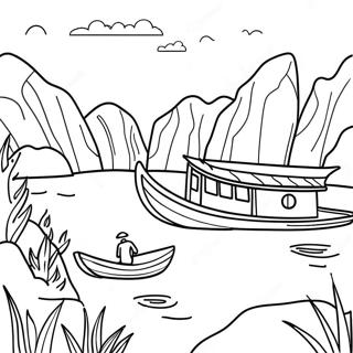 Färgläggningssida med vietnamesiskt landskap | Vietnam målarbild