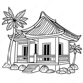 Färgläggningssida med traditionellt vietnamesiskt hus | Vietnam målarbild