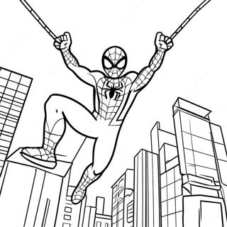 Äventyrlig Spiderman Svingar Genom Staden Målarbild | Söt Spiderman målarbild
